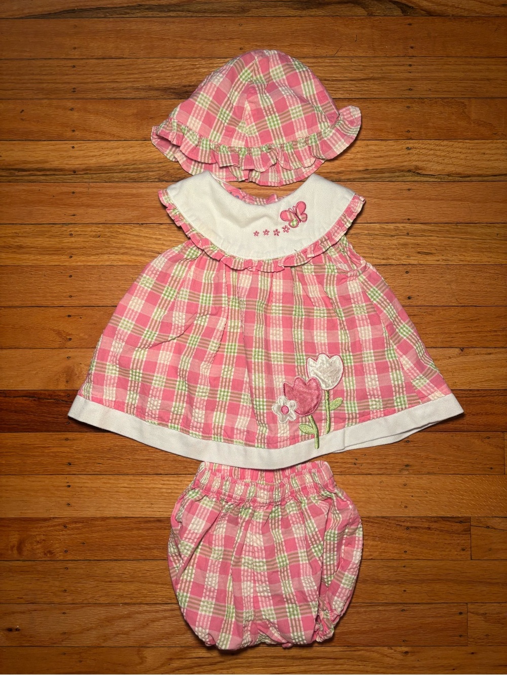 Vintage Tulip Butterfly Pink Plaid Baby Hat & Dress Set with Bloomers